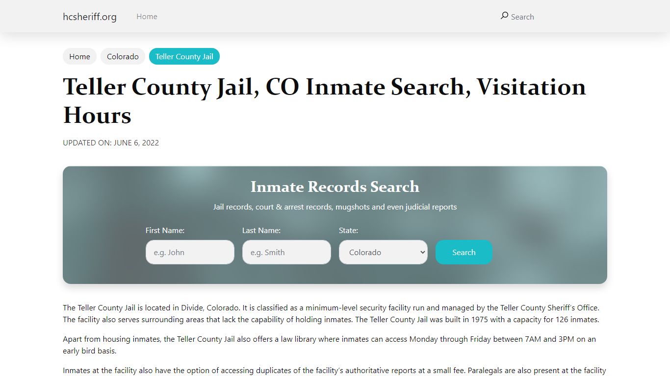 Teller County Jail, CO Inmate Search, Visitation Hours